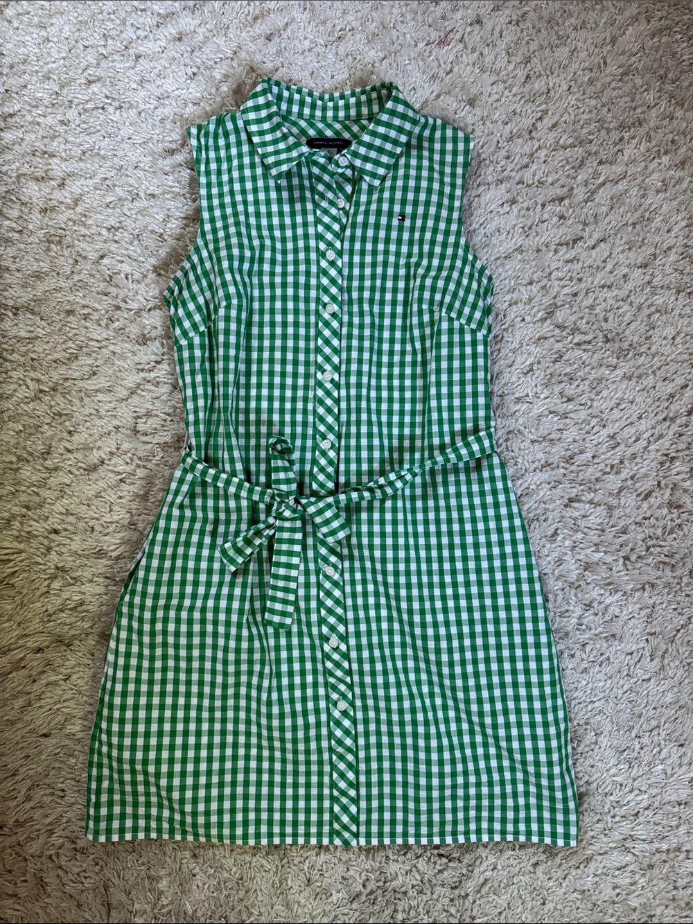 Tommy Hilfiger Green and White Gingham Sleeveless Shirt Dress